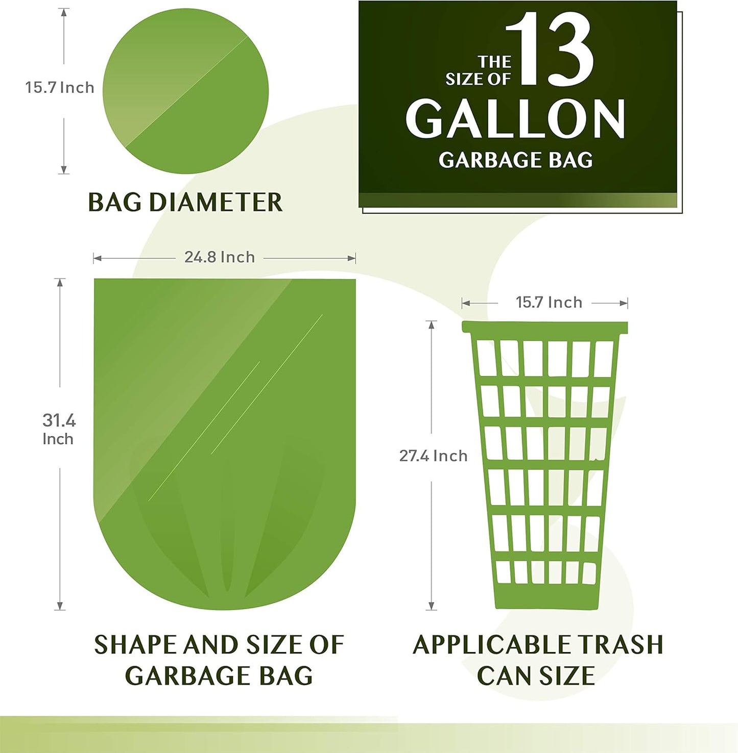 Compostable Trash Bags - 13 Gallon Tall Kitchen Garbage Bags 80 Count Unscented Trash Can Liners 55 Liter Medium Wastebasket Bags for Bathroom Home Bedroom Office Garbage Can (5Rolls/Green)