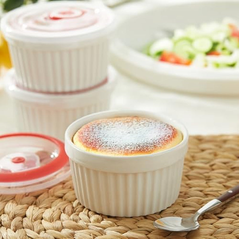 6-Pack 8 Oz Porcelain Ramekins with Lids, White Souffle Dishes for Baking, Creme Brulee Cups, Oven-Friendly Pudding Custard Bowls – Versatile Kitchen Essentials for Baking and Storing