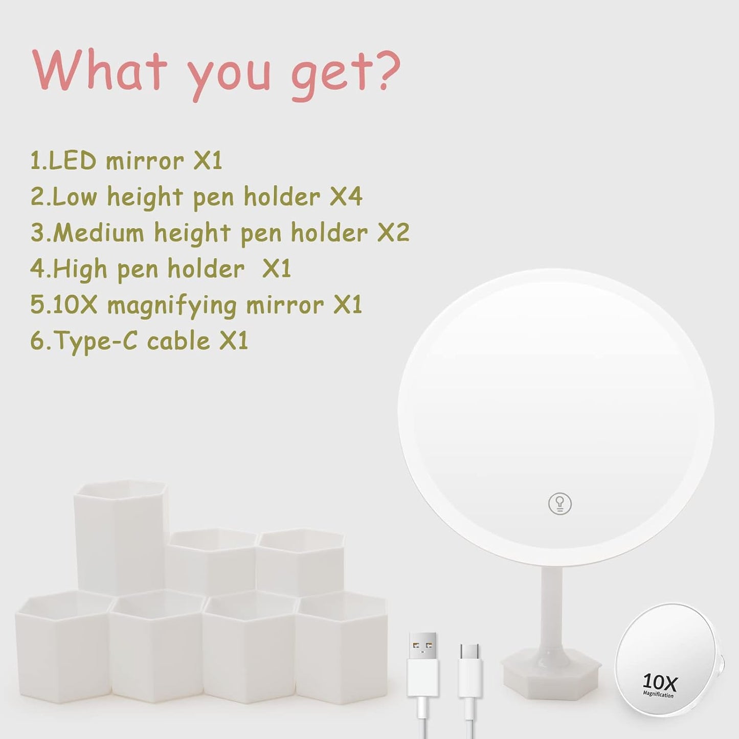 Lighted Table Makeup Mirror with LED Lights, Portable Vanity Desk Mirror with 10X Magnifying,Rechargeable Smart Cosmetic Mirror,White