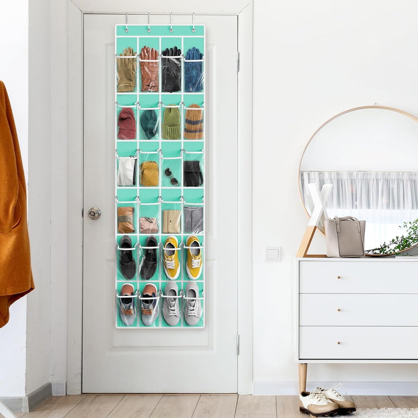 24 Pockets - Crystal Clear over the Door Hanging Shoe Organizer, Turquoise (64'' X 19'')