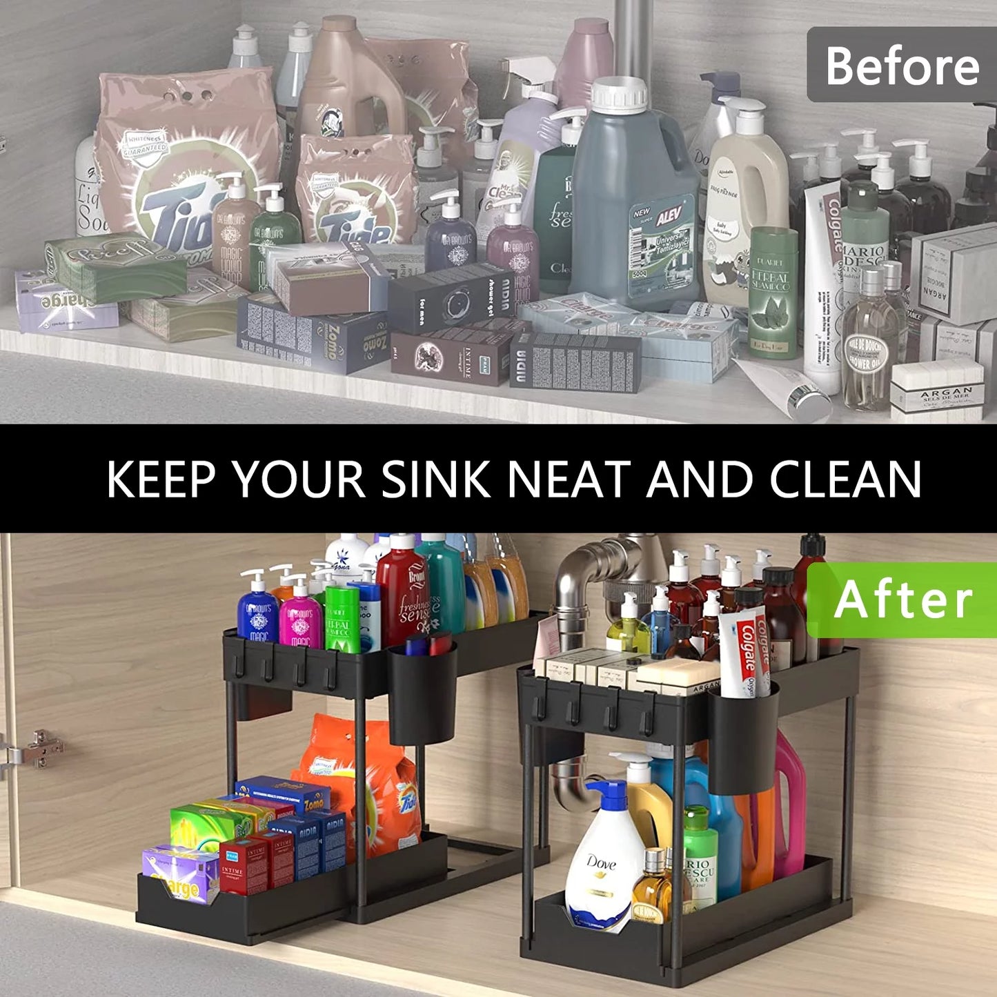 2-Pack under Sink Organizer, 2 Tier Sliding under Sink Storage, for Bathroom & Kitchen