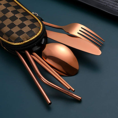 Travel Utensils,Reusable Silverware Set to Go Portable Cutlery Set with a Waterproof Carrying Case for Lunch Boxes Workplace Camping School Picnic (Browngridcase/Rosegold)