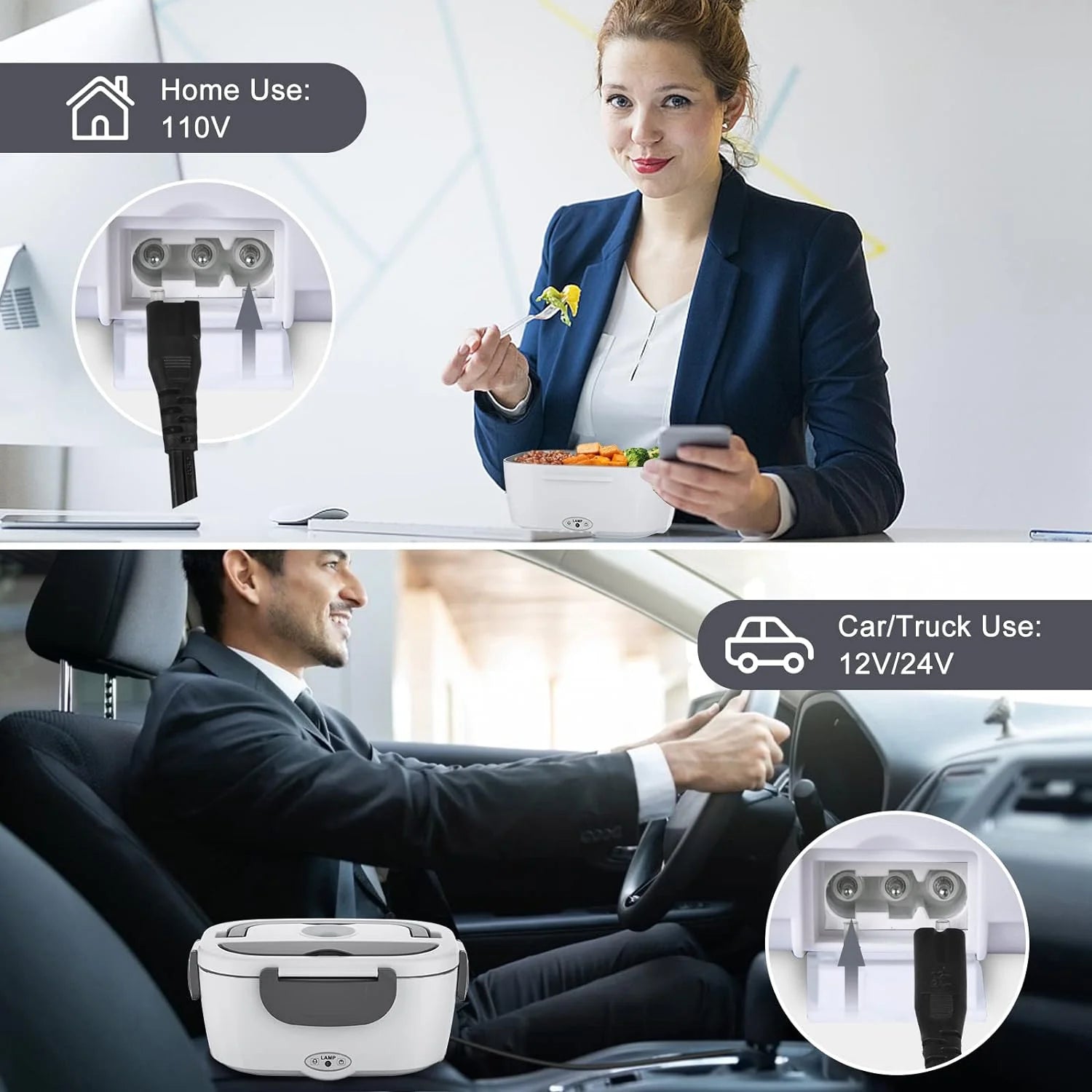 Electric Lunch Box Food Heater,  80W Electric Heating Lunch Boxes for Car/Men/Adults/Home/Work, 1.5L Removable 304 Stainless Steel Container, 110V/12V/24V, with Fork & Spoon