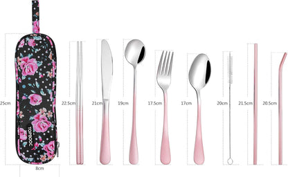 Travel Utensils,Reusable Silverware Set to Go Portable Cutlery Set with a Waterproof Carrying Case for Lunch Boxes Workplace Camping Picnic (Grapink)