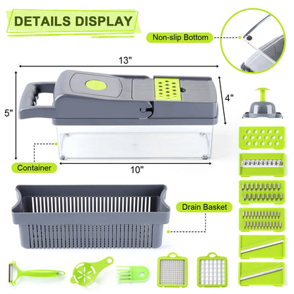 14 in 1 Vegetable Chopper, Multifunctional Food Chopper Vegetable Fruit Cutter Dicer Slicer with 8 Blades, Onion Chopper with Container & Drain Basket