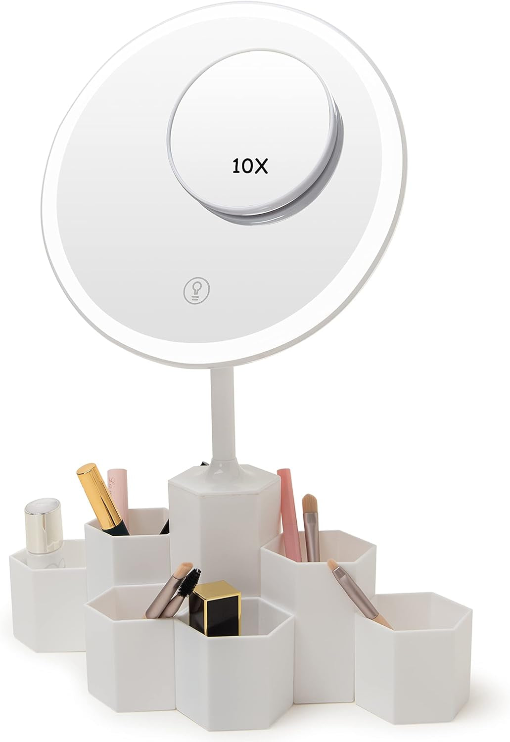 Lighted Table Makeup Mirror with LED Lights, Portable Vanity Desk Mirror with 10X Magnifying，Rechargeable Smart Cosmetic Mirror,White