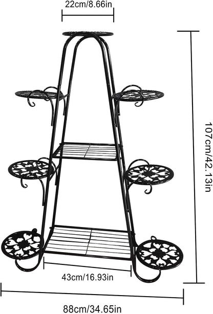 Plant Stand, 9 Tier Indoor Outdoor Metal Plant Shelf, Multiple Tier Flower Shelves, Tall Display Rack for Garden Balcony Living Room (Black)