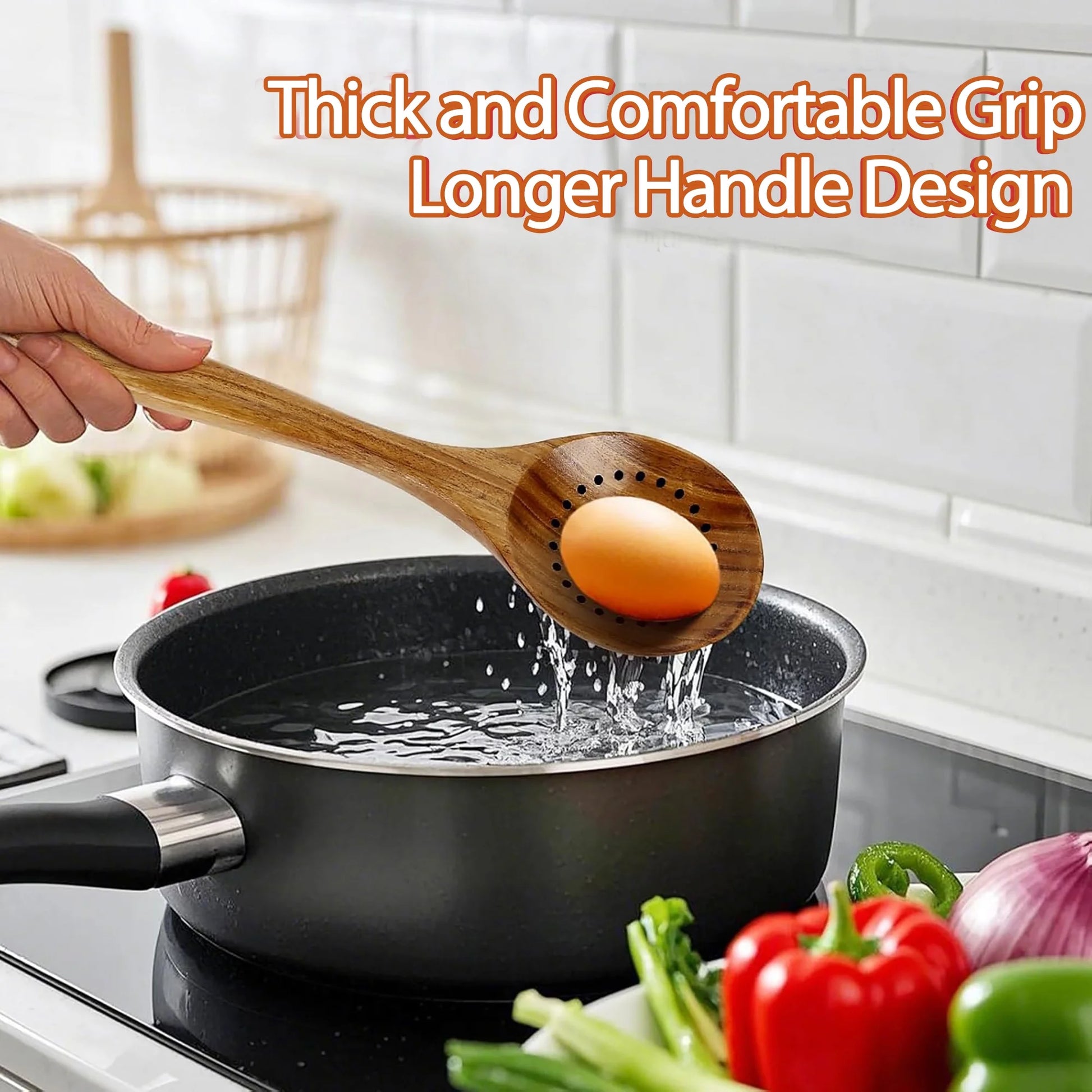 Wooden Spoons for Cooking, 9 Pcs Natural Teak Kitchen Utensil Set with Utensils Holder & Spoon Rest, Wooden Cooking Utensils for Nonstick Pans & Cookware