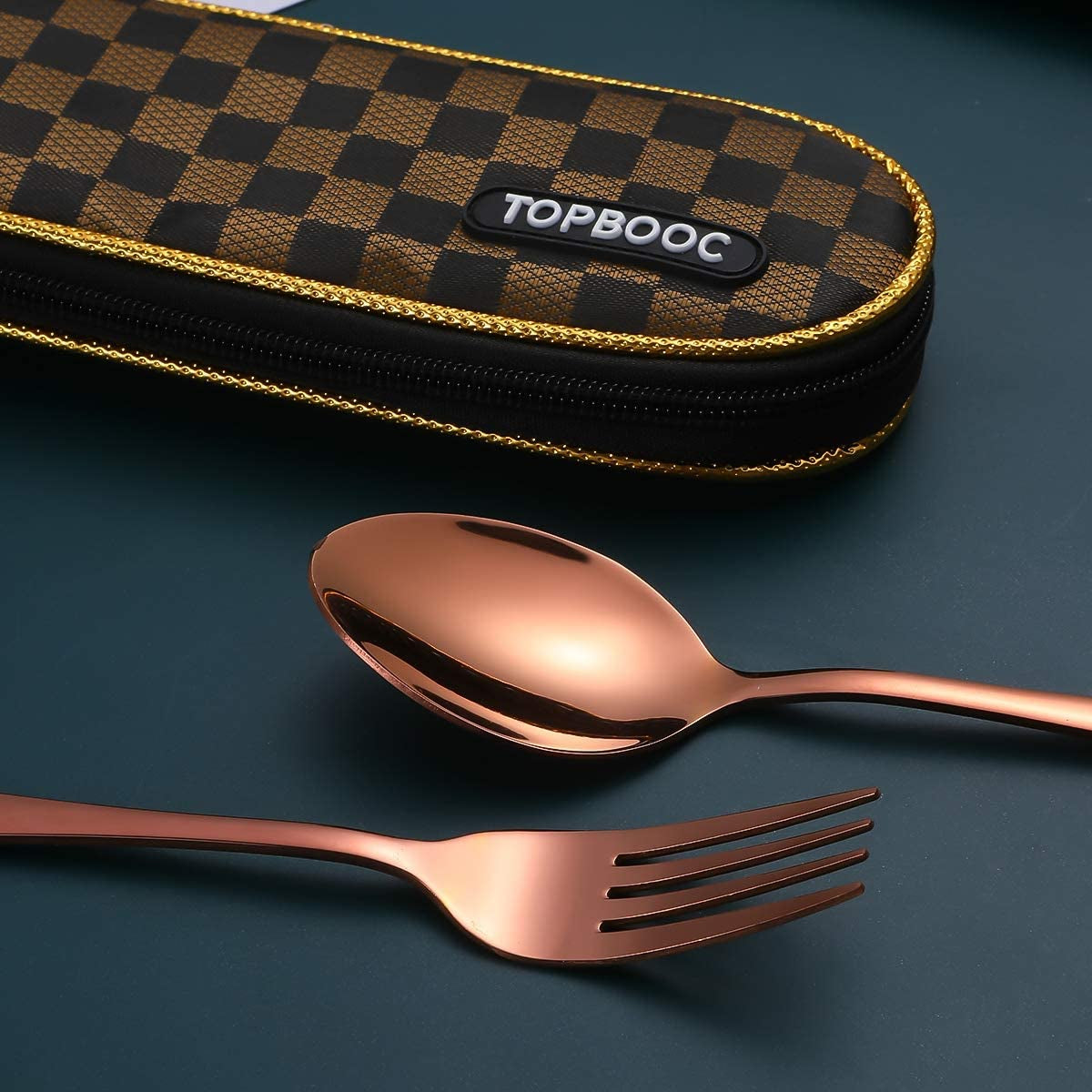 Travel Utensils,Reusable Silverware Set to Go Portable Cutlery Set with a Waterproof Carrying Case for Lunch Boxes Workplace Camping School Picnic (Browngridcase/Rosegold)