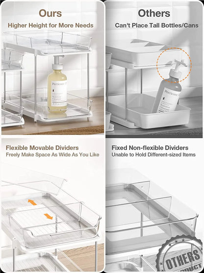 2 Pack Set under Sink Organizers and Storage, 2 Tier Sliding Bathroom Sink Organizer, Multi-Use under Kitchen Cabinet Storage Shelf (S&L), Transparent