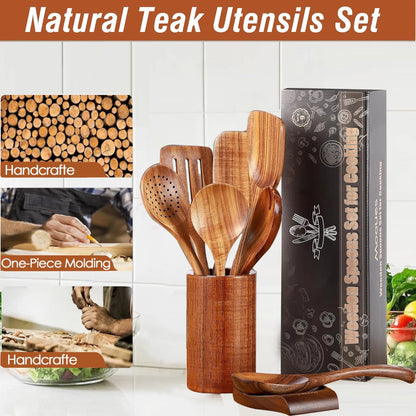 Wooden Spoons for Cooking, 9 Pcs Natural Teak Kitchen Utensil Set with Utensils Holder & Spoon Rest, Wooden Cooking Utensils for Nonstick Pans & Cookware