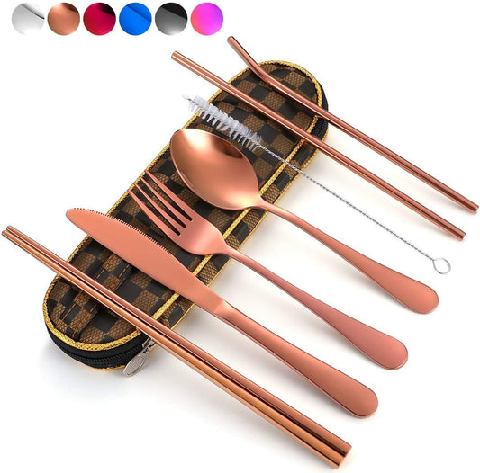 Travel Utensils,Reusable Silverware Set to Go Portable Cutlery Set with a Waterproof Carrying Case for Lunch Boxes Workplace Camping School Picnic (Browngridcase/Rosegold)