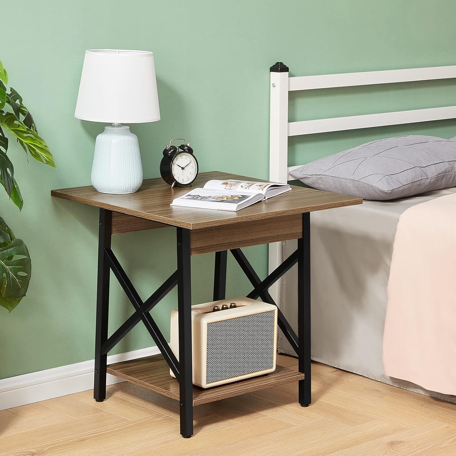 End Table Large 24 Inch Farmhouse Industrial Design Side Table Nightstand with Storage Shelf for Living Room, Easy Assembly, Espresso