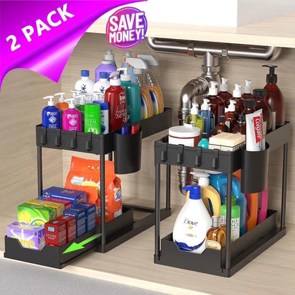 2-Pack under Sink Organizer, 2 Tier Sliding under Sink Storage, for Bathroom & Kitchen