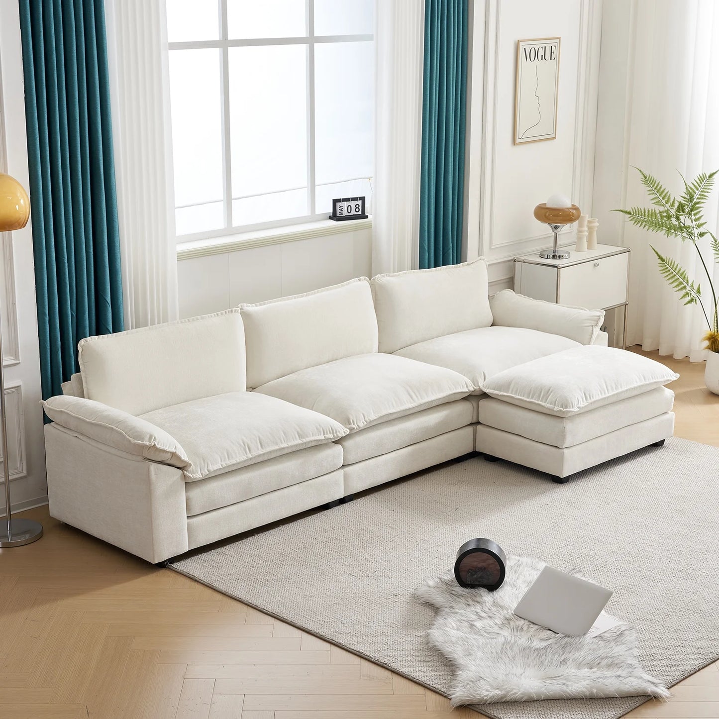 120" W Sectional Sofa L Shaped Couch with Chaise Living Room Sleeper Set, 3 Seats with Chenille and Double Layer Cushions Beige