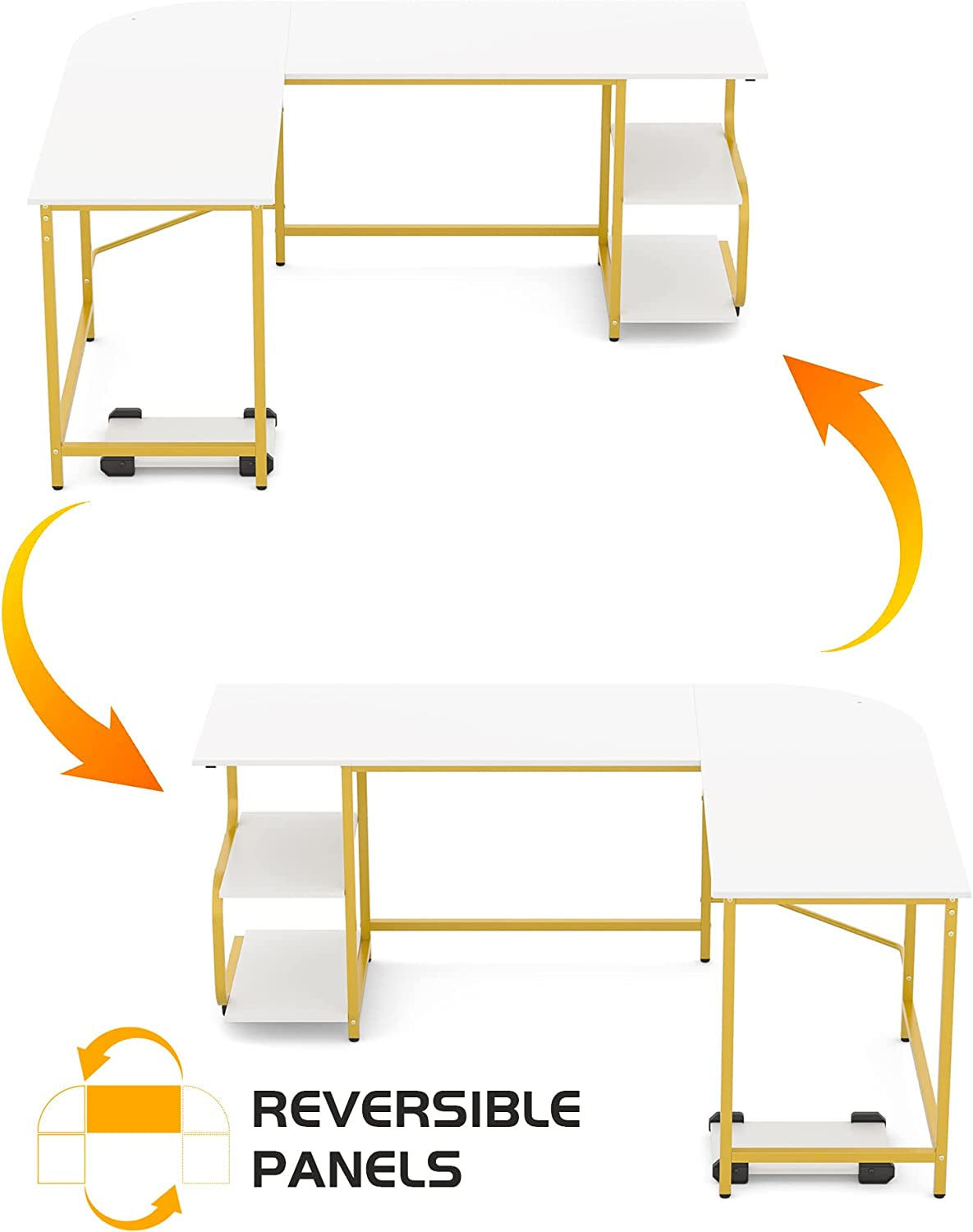 Reversible L Shaped Desk with Large Surface, 61 Inch Sturdy Corner Desk with Storage Shelves, Premium Office Computer Desk Workstation for Home Office Gaming