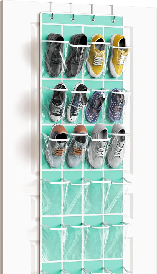 24 Pockets - Crystal Clear over the Door Hanging Shoe Organizer, Turquoise (64'' X 19'')