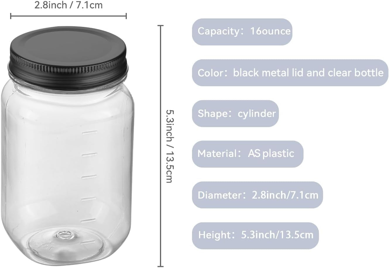 16 Oz Clear Plastic Jars with Screw-On Lids - Bpa-Free Refillable Storage Containers for Slime, Food, Crafts, Kitchen & Household Use (10 Pack,Black)