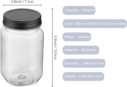 16 Oz Clear Plastic Jars with Screw-On Lids - Bpa-Free Refillable Storage Containers for Slime, Food, Crafts, Kitchen & Household Use (10 Pack,Black)
