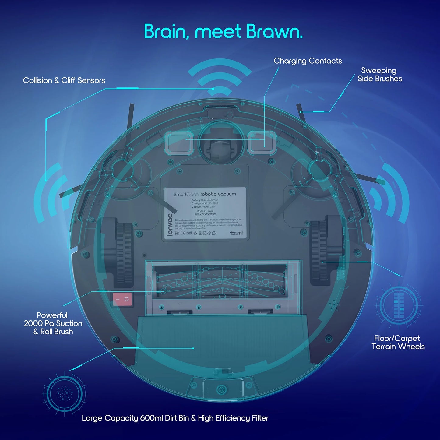 Smartclean 2000 Robovac, Multi-Surface Pet-Friendly Smart Mapping Robot Vacuum Cleaner with Wi-Fi and App/Remote Control, Model #7687