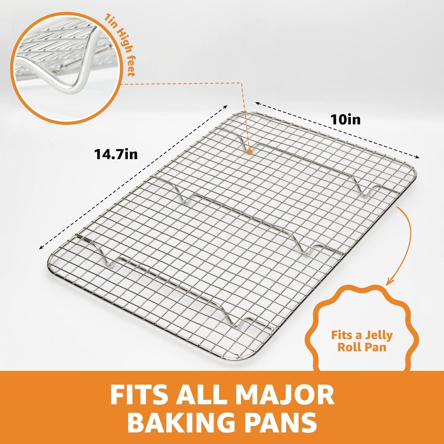 18/8 Stainless Steel Cooling Rack, Heavy Duty Baking Rack for Oven Cooking, Fits Jelly Roll Pan, Wire Rack for Cooking, Bacon, Cookie Cooling Rack, 10" X 14.7"