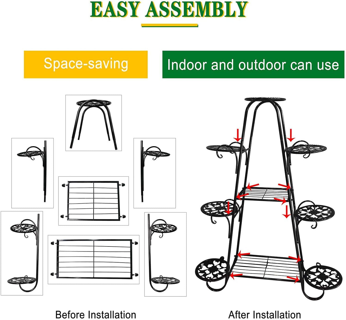Plant Stand, 9 Tier Indoor Outdoor Metal Plant Shelf, Multiple Tier Flower Shelves, Tall Display Rack for Garden Balcony Living Room (Black)