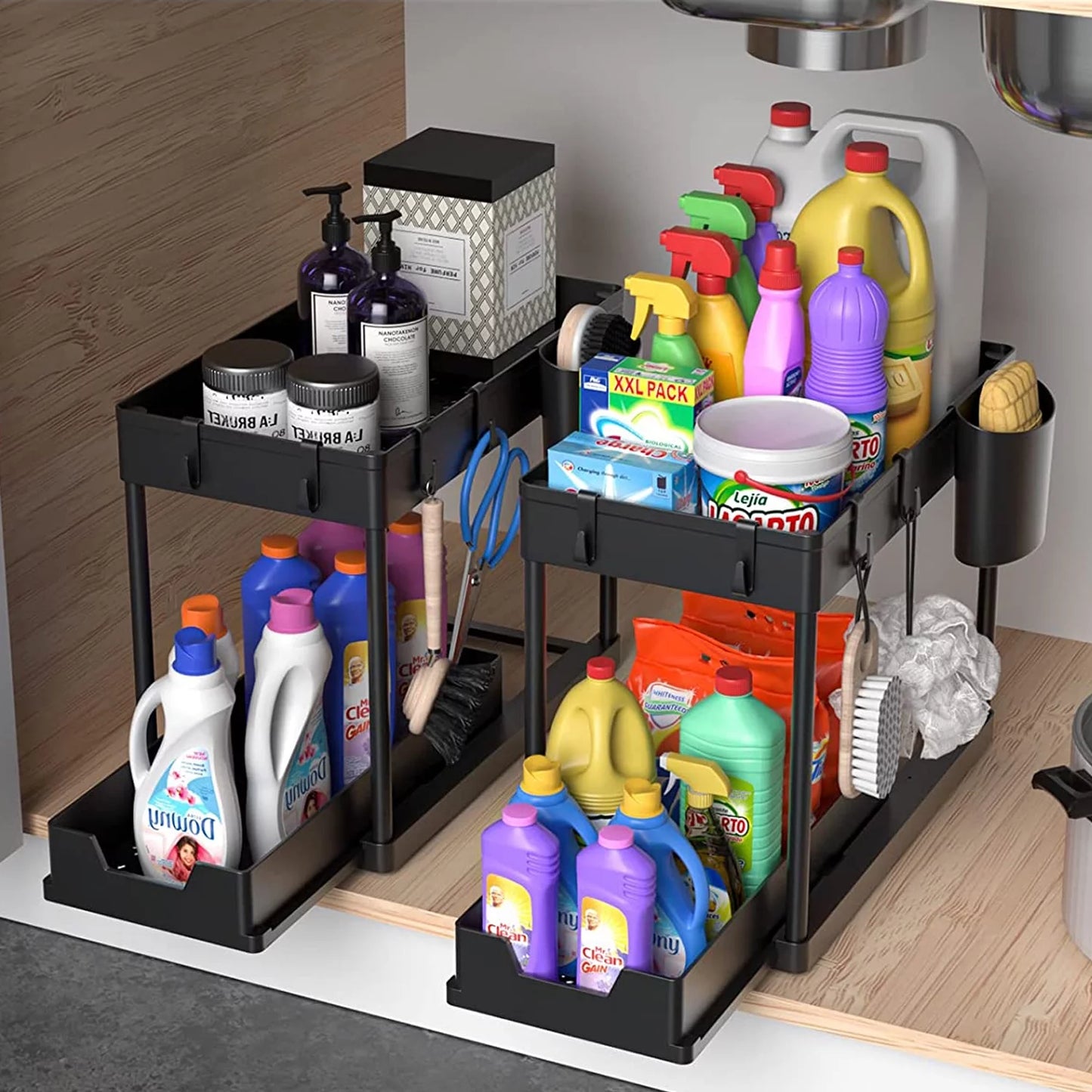 2-Pack under Sink Organizer, 2 Tier Sliding under Sink Storage, for Bathroom & Kitchen