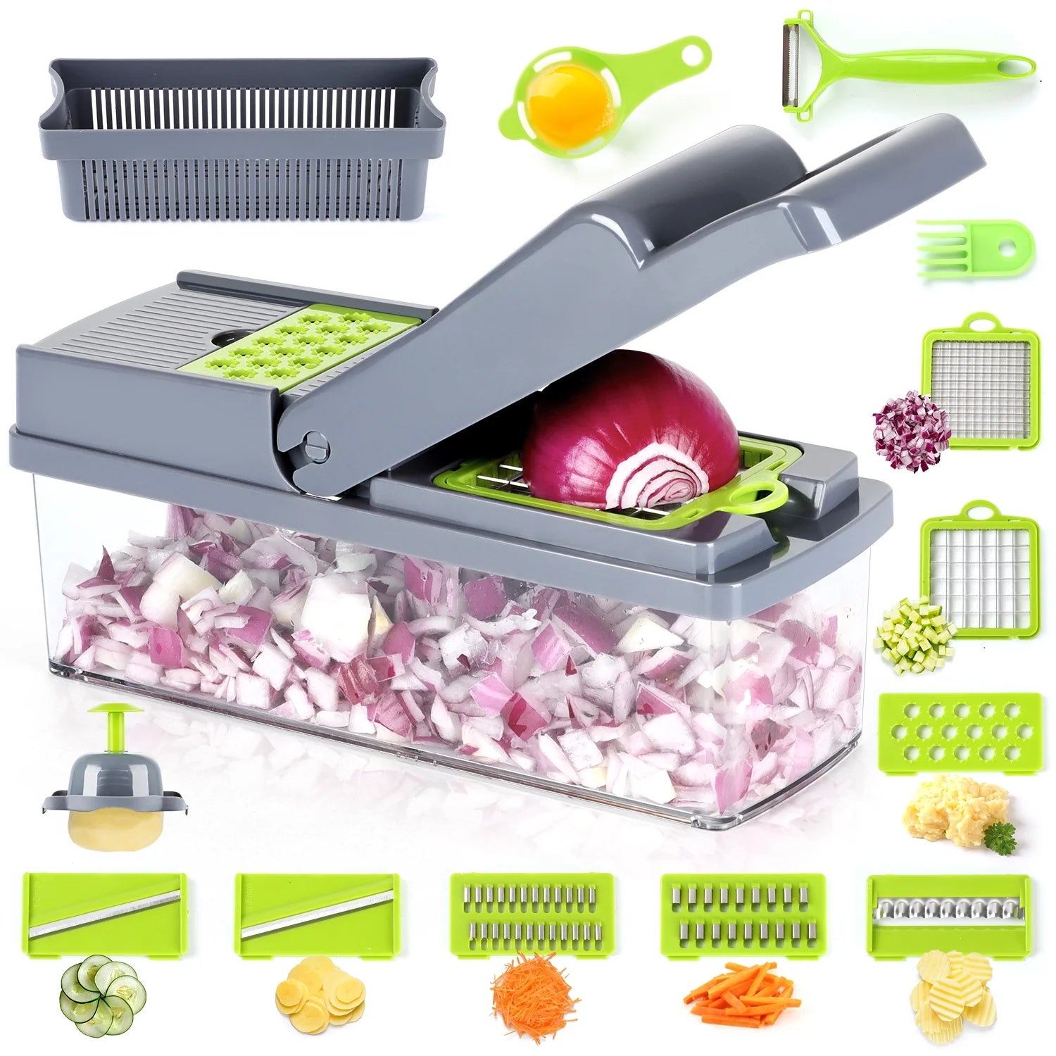 14 in 1 Vegetable Chopper, Multifunctional Food Chopper Vegetable Fruit Cutter Dicer Slicer with 8 Blades, Onion Chopper with Container & Drain Basket
