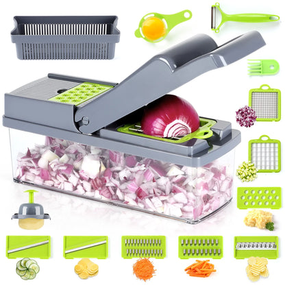 14 in 1 Vegetable Chopper, Multifunctional Food Chopper Vegetable Fruit Cutter Dicer Slicer with 8 Blades, Onion Chopper with Container & Drain Basket