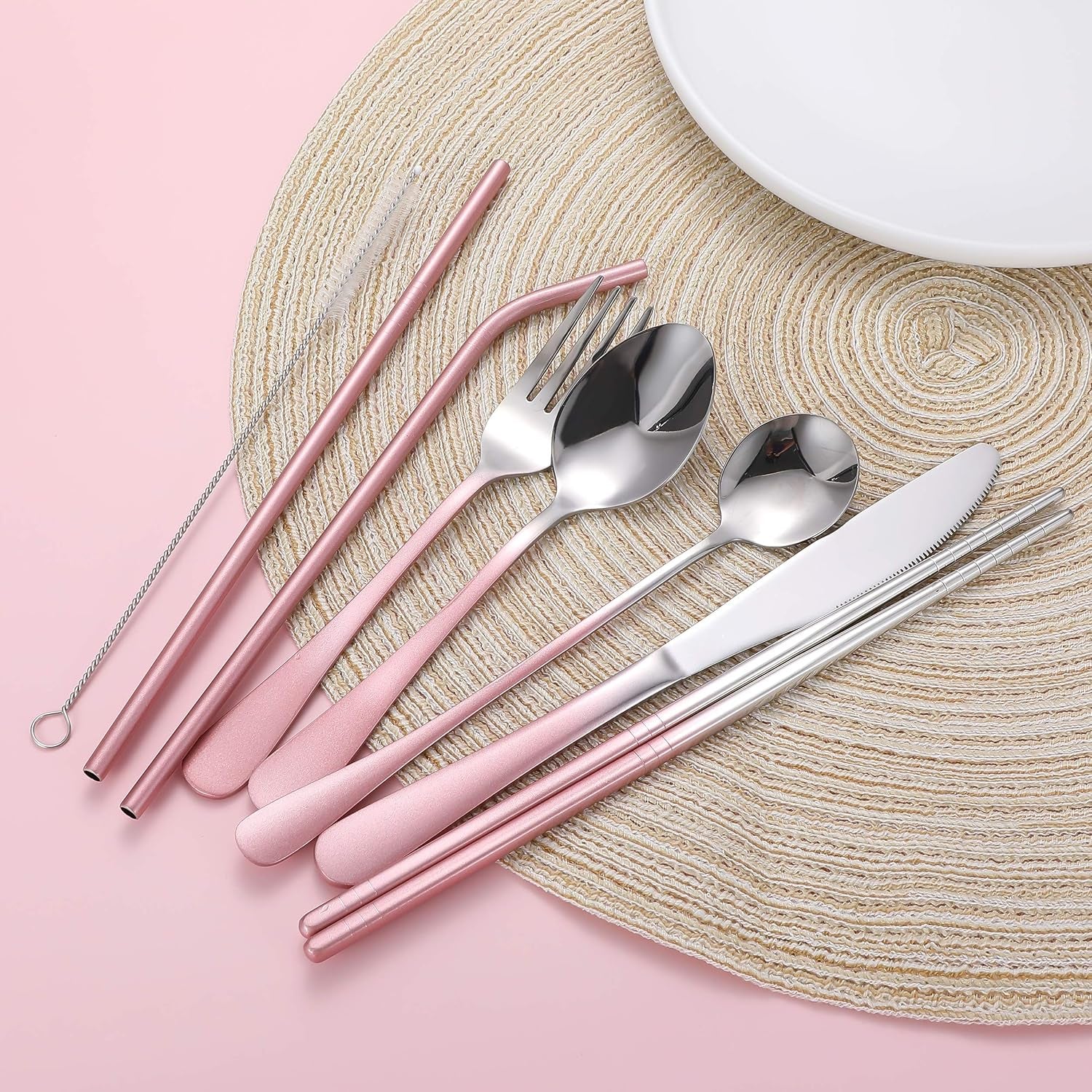 Travel Utensils,Reusable Silverware Set to Go Portable Cutlery Set with a Waterproof Carrying Case for Lunch Boxes Workplace Camping Picnic (Grapink)