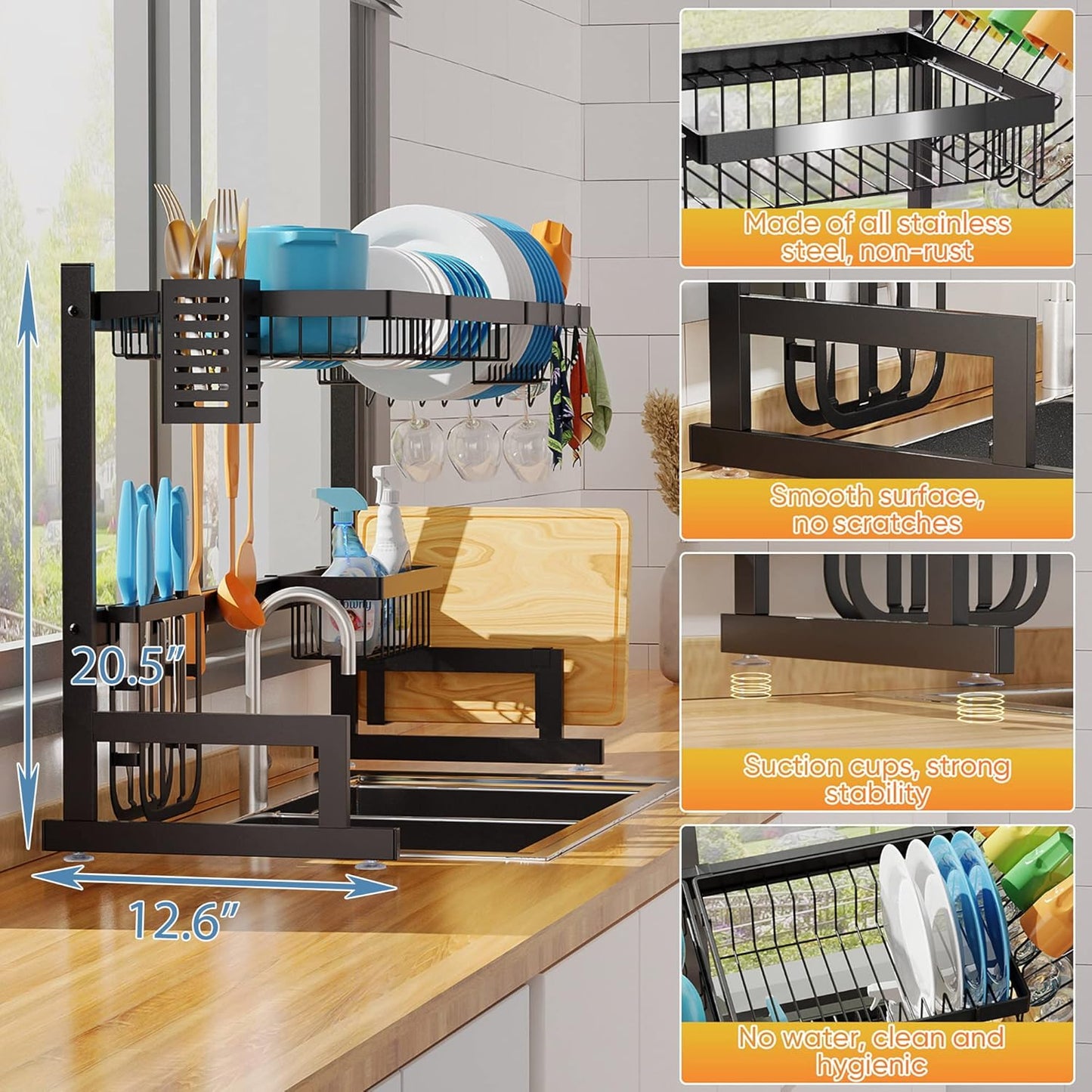 over Sink Dish Drying Rack Stainless Steel, Adjustable Large Dish Drainer for Storage Kitchen Organization Black 2 Tier - Standard(26"-38")