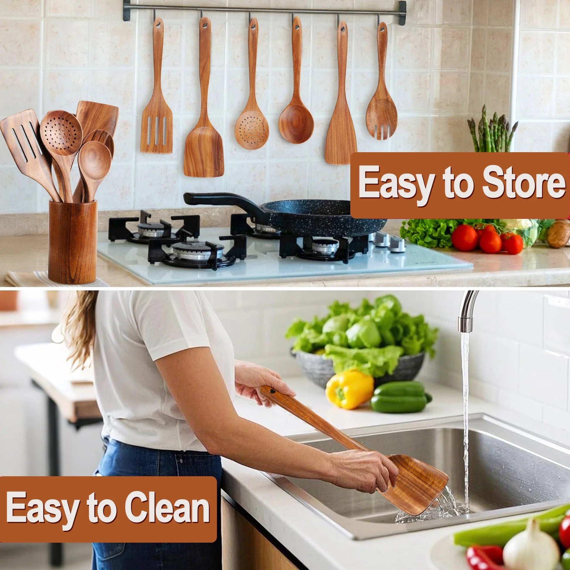 Wooden Spoons for Cooking, 9 Pcs Natural Teak Kitchen Utensil Set with Utensils Holder & Spoon Rest, Wooden Cooking Utensils for Nonstick Pans & Cookware