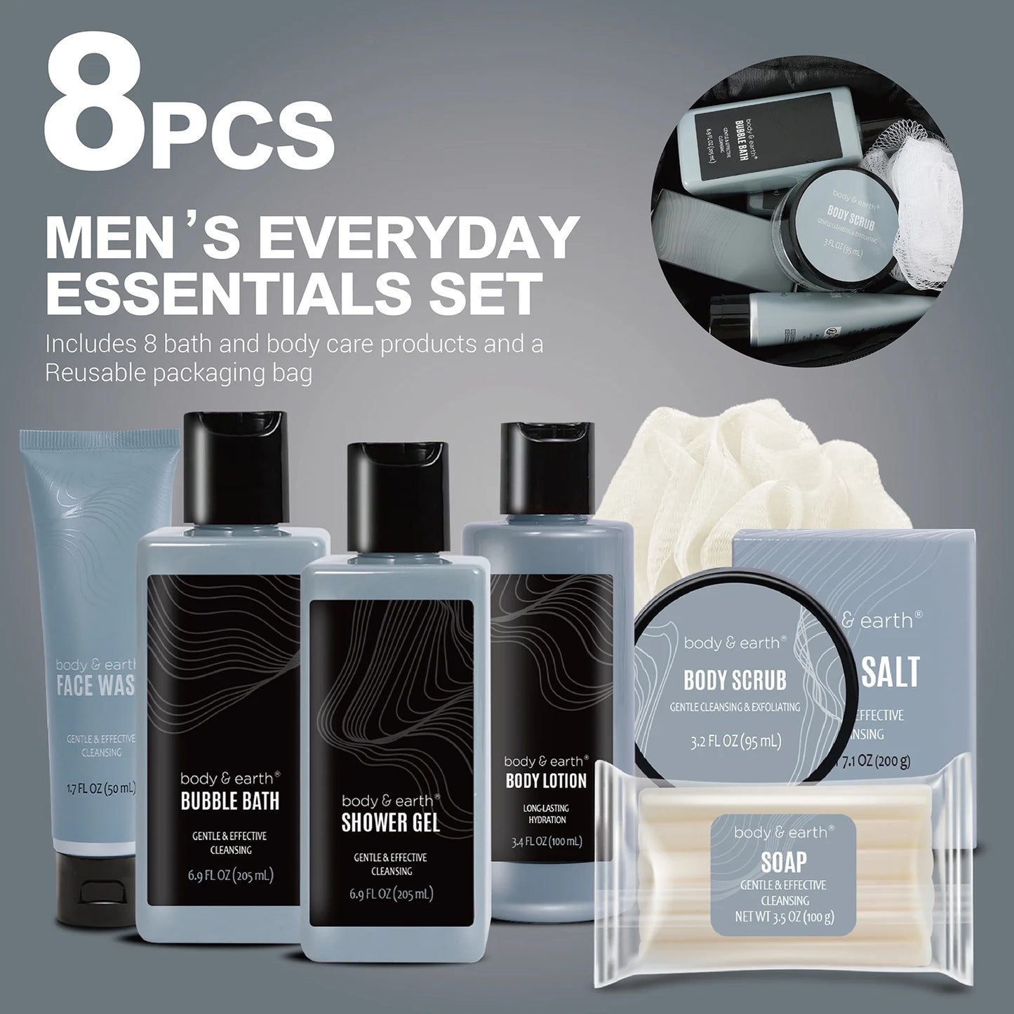 Bath Body Care Spa Gift Basket Sets for Men - 8 Pcs Luxury Bath Set Skin Care Kit Christmas Birthday Gifts for Him