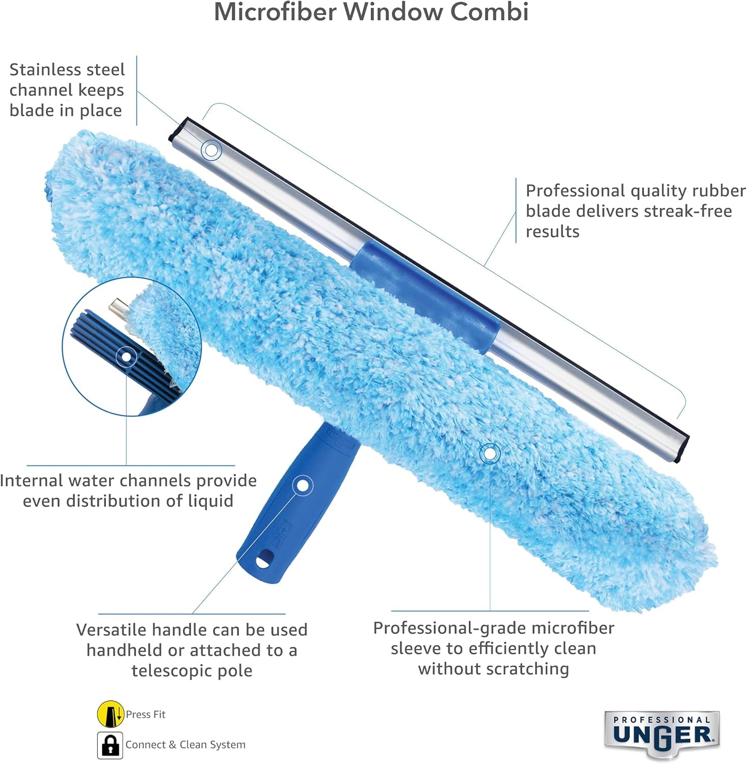 Professional 2-In-1 Squeegee and Scrubber, 14” Window Cleaning Tool with Streak-Free Results, Commercial and Residential Use, Microfiber Sleeve to Clean without Scratching