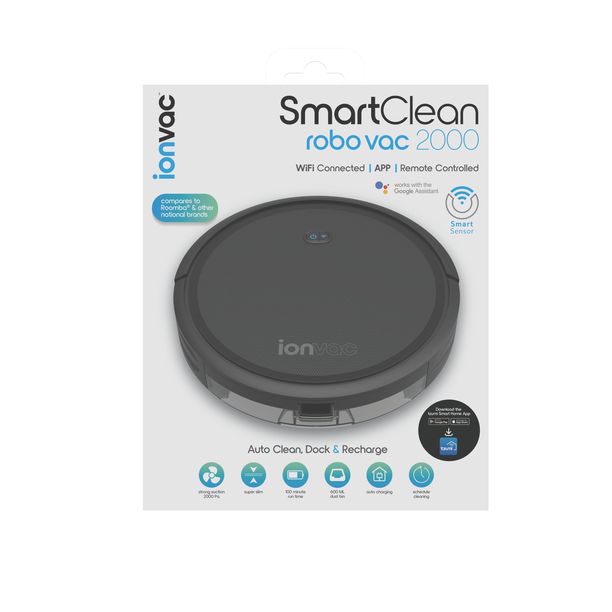Smartclean 2000 Robovac, Multi-Surface Pet-Friendly Smart Mapping Robot Vacuum Cleaner with Wi-Fi and App/Remote Control, Model #7687