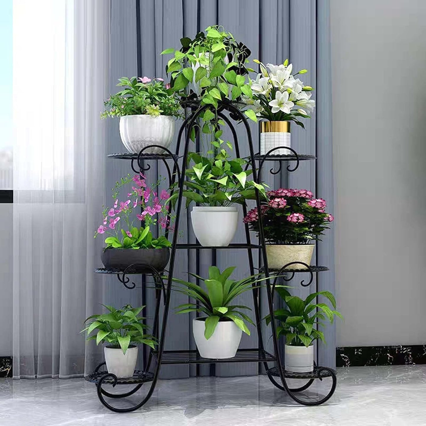 Plant Stand, 9 Tier Indoor Outdoor Metal Plant Shelf, Multiple Tier Flower Shelves, Tall Display Rack for Garden Balcony Living Room (Black)