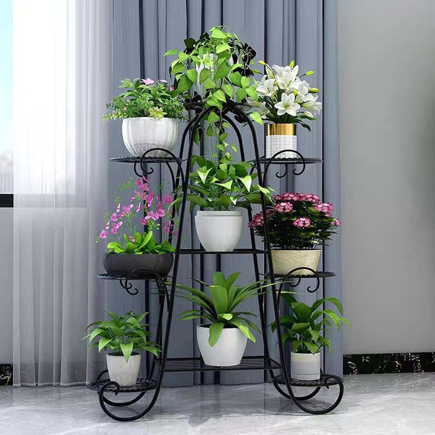 Plant Stand, 9 Tier Indoor Outdoor Metal Plant Shelf, Multiple Tier Flower Shelves, Tall Display Rack for Garden Balcony Living Room (Black)