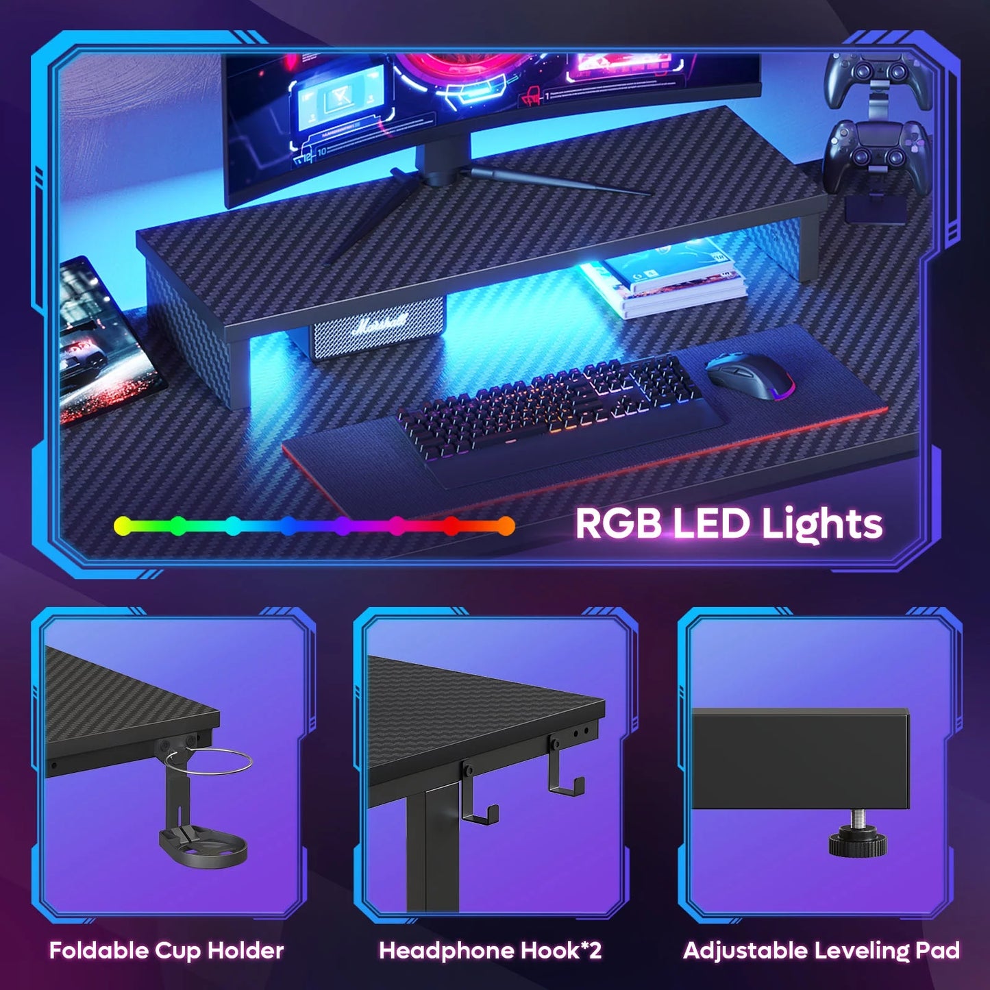 42" PC Computer Gaming Desk with LED Lights & Monitor Stand & Headphone Hook & Cup Holder, Black