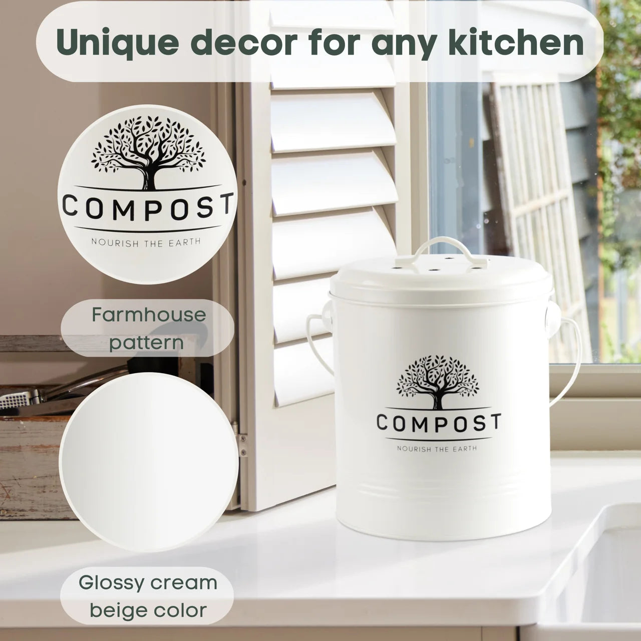 Kitchen Compost Bin, 1.3 Gallon Countertop Compost Bin with Lid, Indoor Compost Bucket Includes Inner Bucket Liner and Carbon Filter, Small Compost Bin with Compostable Bags, Recycle Bin for Food Was