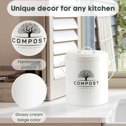 Kitchen Compost Bin, 1.3 Gallon Countertop Compost Bin with Lid, Indoor Compost Bucket Includes Inner Bucket Liner and Carbon Filter, Small Compost Bin with Compostable Bags, Recycle Bin for Food Was