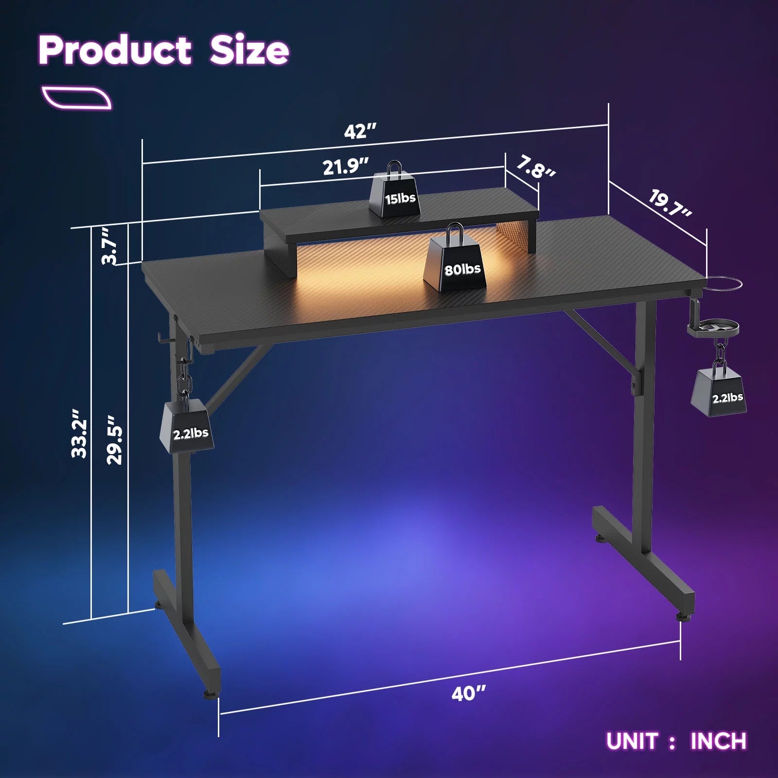 42" PC Computer Gaming Desk with LED Lights & Monitor Stand & Headphone Hook & Cup Holder, Black