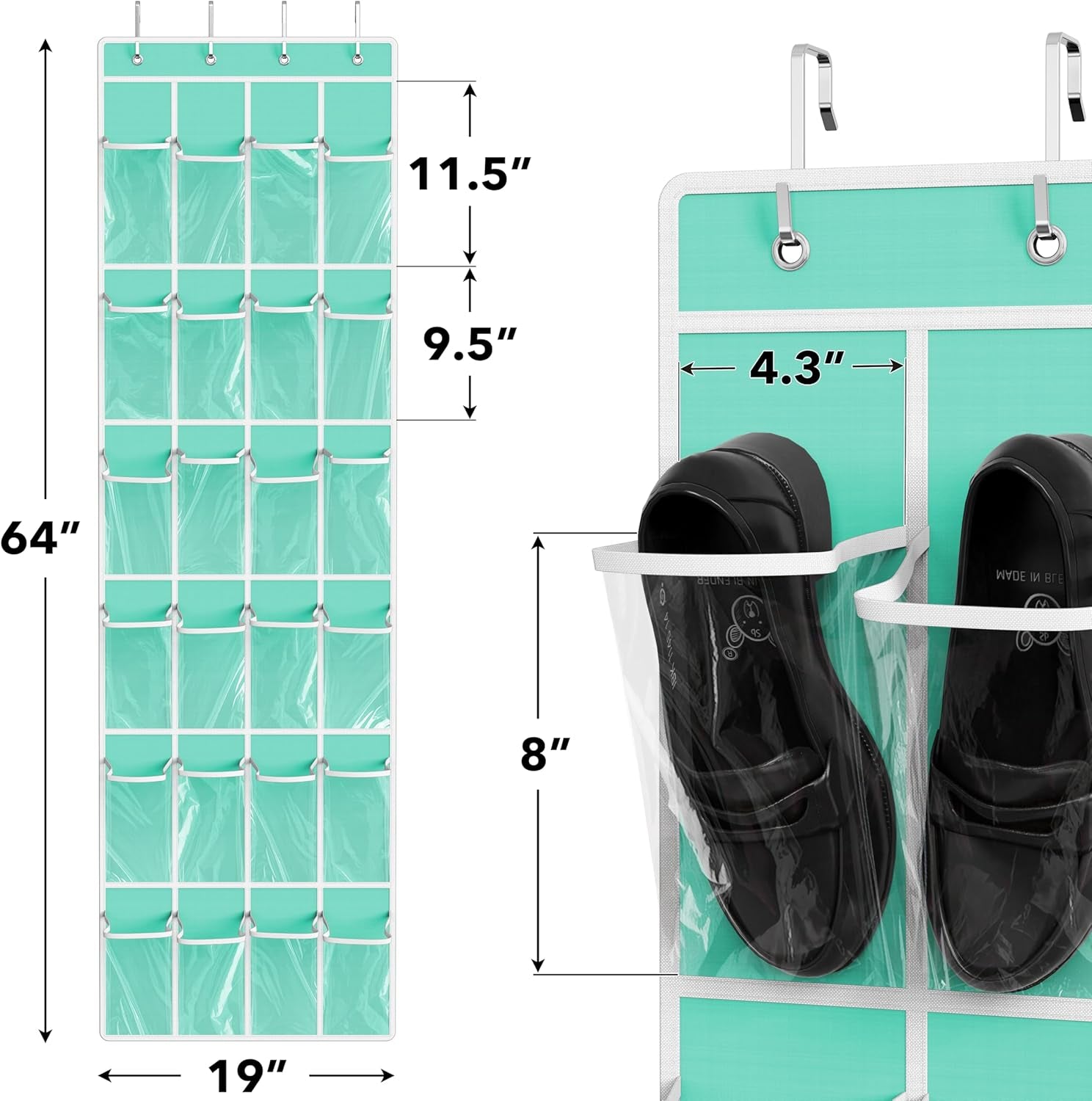 24 Pockets - Crystal Clear over the Door Hanging Shoe Organizer, Turquoise (64'' X 19'')