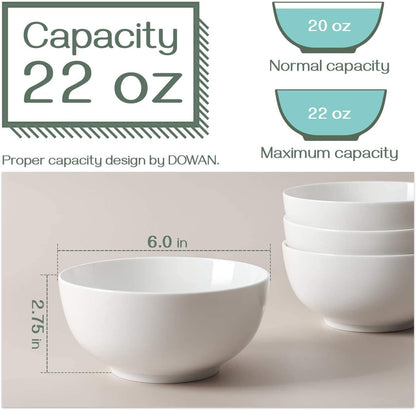 22 Ounce Soup and Cereal Bowls, Porcelain Serving Salad Bowls, Dishwasher & Microwave Safe, Centerpiece Serving Bowls, White,Bowl Set for Rice Pasta Oatmeal