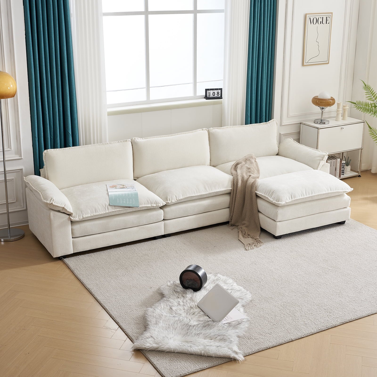 120" W Sectional Sofa L Shaped Couch with Chaise Living Room Sleeper Set, 3 Seats with Chenille and Double Layer Cushions Beige