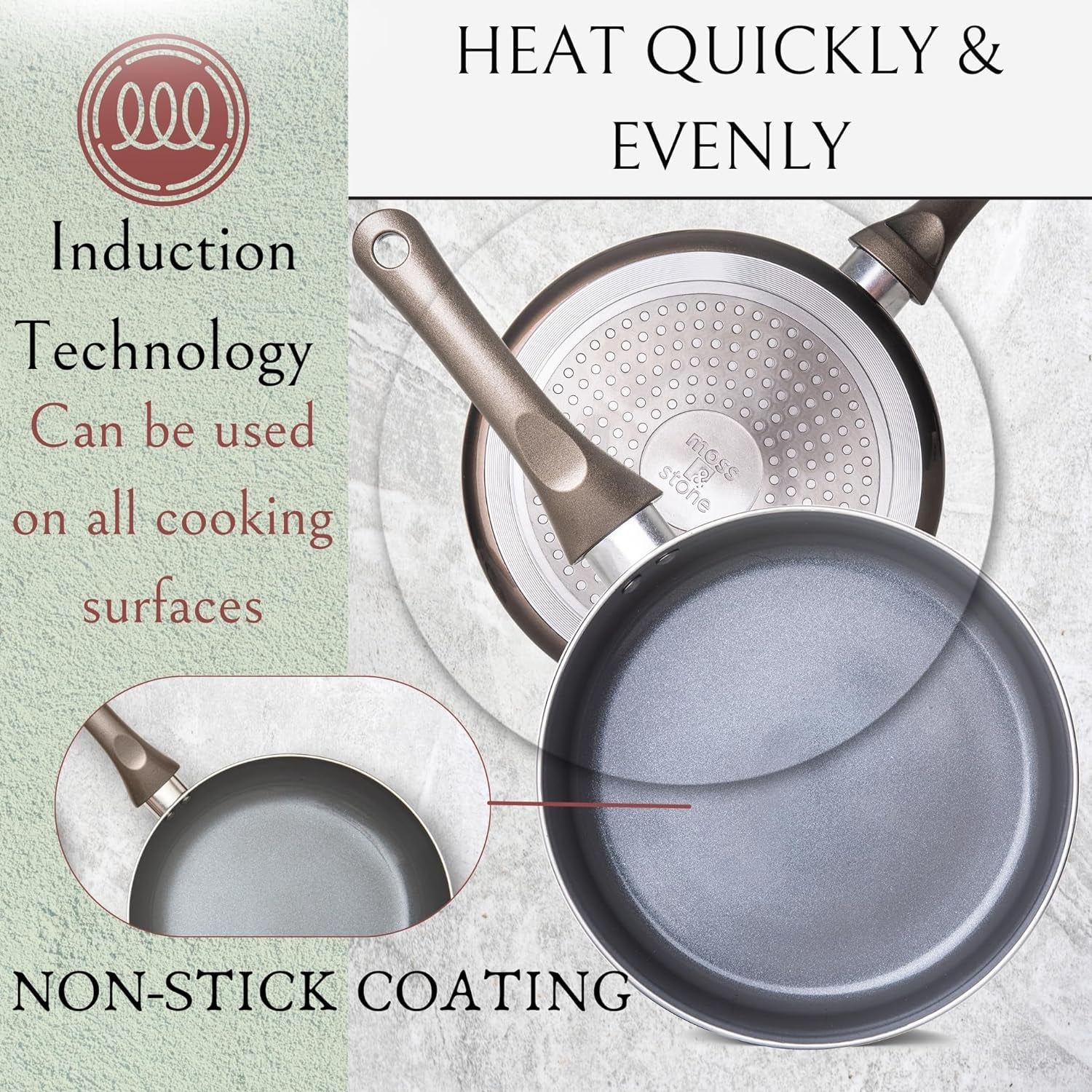 6 Pcs Dark Grey Nonstick Cookware Set, Pots and Pans Set Non Stick with Glass Lid, Induction Cookware, Stay-Cool Handle PTFE/PFOA Kitchen Pots 6-Piece with Frying Pans & Saucepan