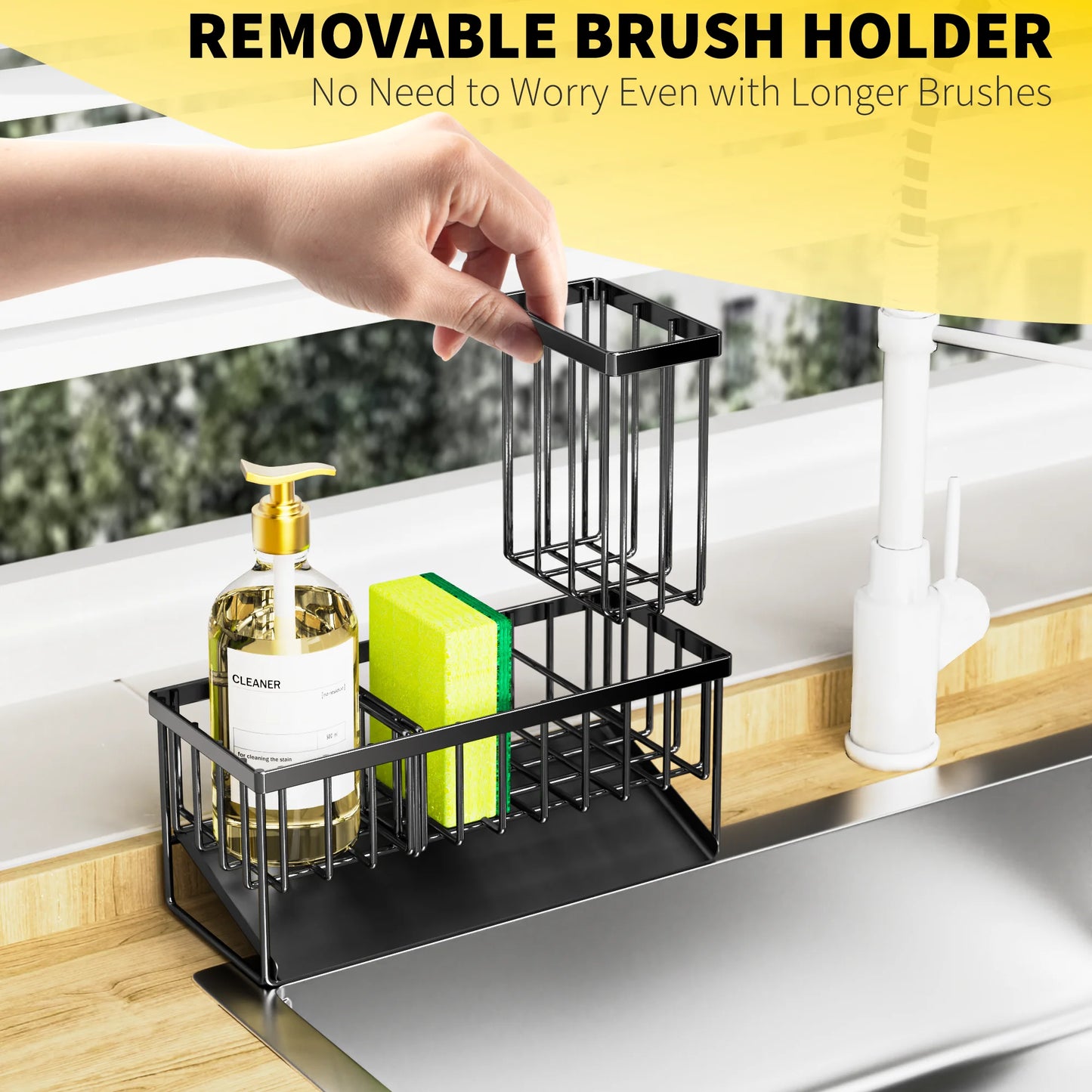 Cisily Kitchen Item Sink Caddy Kitchen Organizer, Sponge Holder for Kitchen Sink, Drain on an Incline Kitchen Sink Organizer,Rust-Resistant Metal Black Sink Caddy,Sink Caddy with Brush Holder
