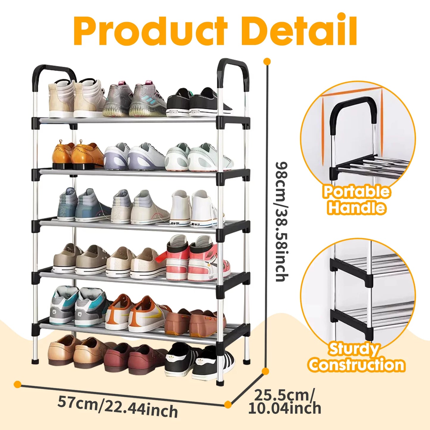 5 Tier Shoe Rack, Stackable Metal 15 Pairs Shoes Organizer Storage Shelf for Closet Door Entryway