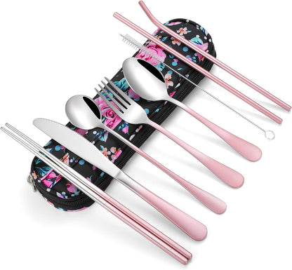 Travel Utensils,Reusable Silverware Set to Go Portable Cutlery Set with a Waterproof Carrying Case for Lunch Boxes Workplace Camping Picnic (Grapink)