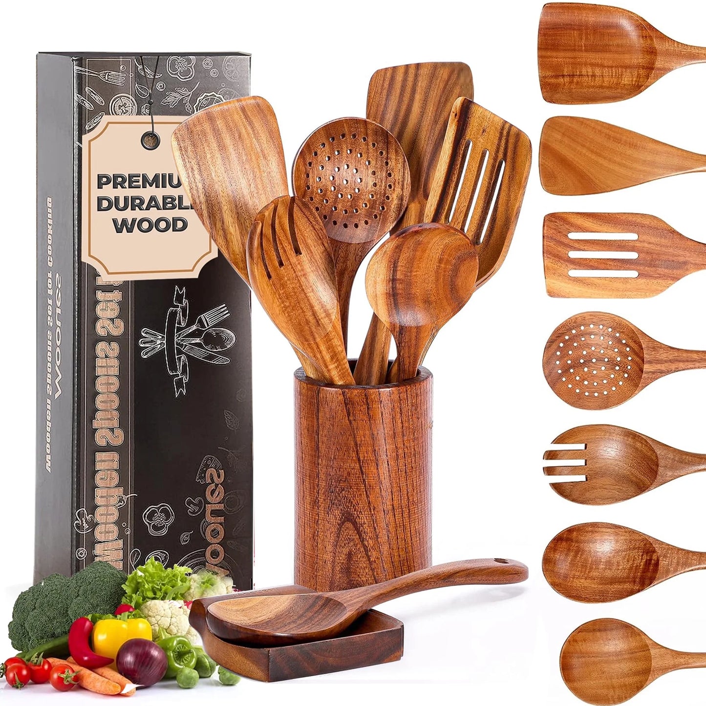 Wooden Spoons for Cooking, 9 Pcs Natural Teak Kitchen Utensil Set with Utensils Holder & Spoon Rest, Wooden Cooking Utensils for Nonstick Pans & Cookware