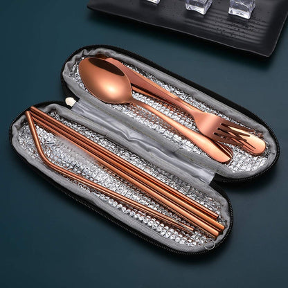 Travel Utensils,Reusable Silverware Set to Go Portable Cutlery Set with a Waterproof Carrying Case for Lunch Boxes Workplace Camping School Picnic (Browngridcase/Rosegold)